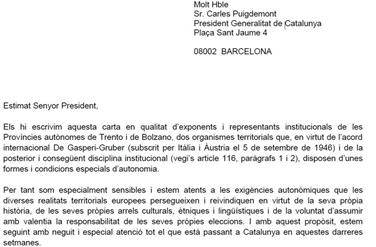 Catalogna, lettera di Kompatscher e Rossi ai due governi